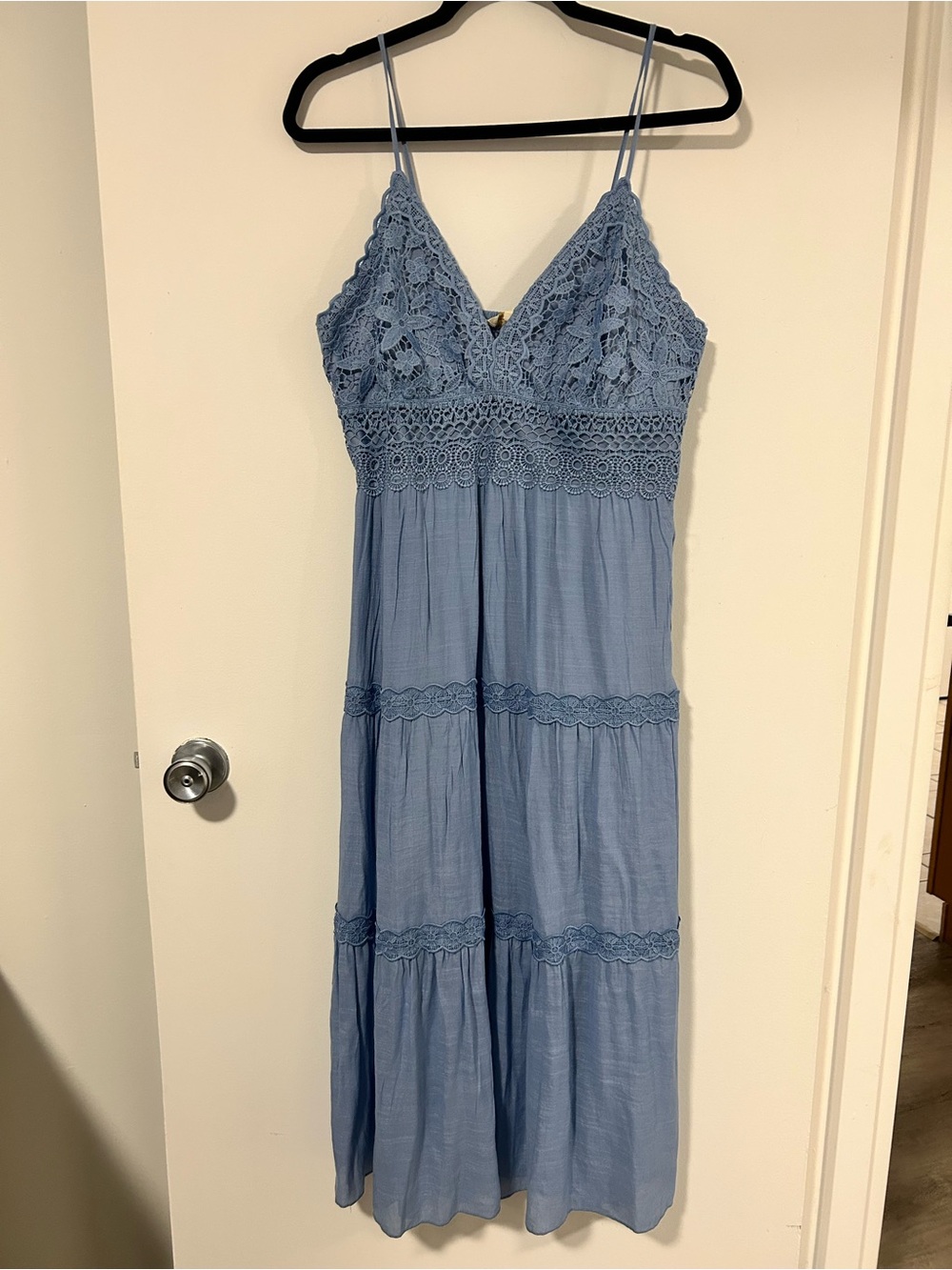 Light Blue Lace-Detail Maxi Dress with Spaghetti Straps
